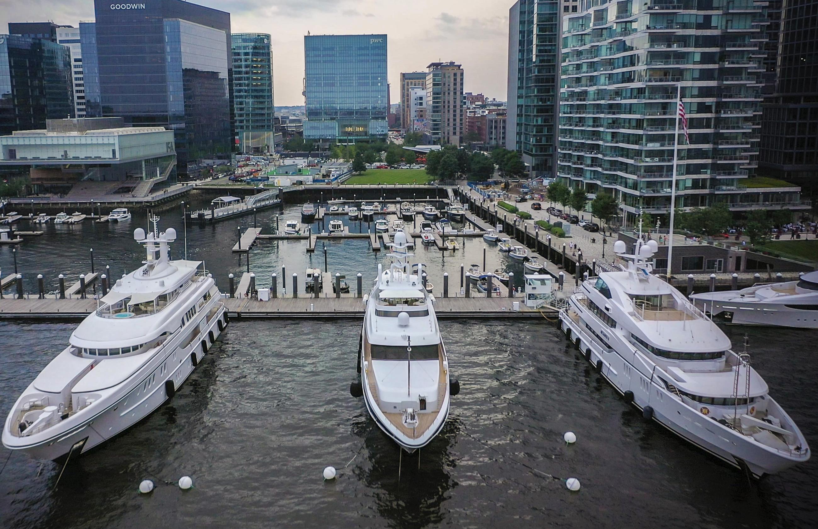 Yachts docked at Fan Pier Marina in Boston's Seaport District